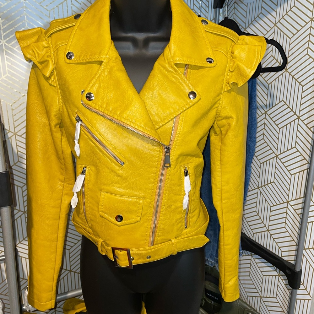 Mustard color Leather Jacket with Silver hardware, multiple pockets